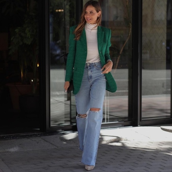 Zara Green Textured Weave Blazer - Picture 3 of 15